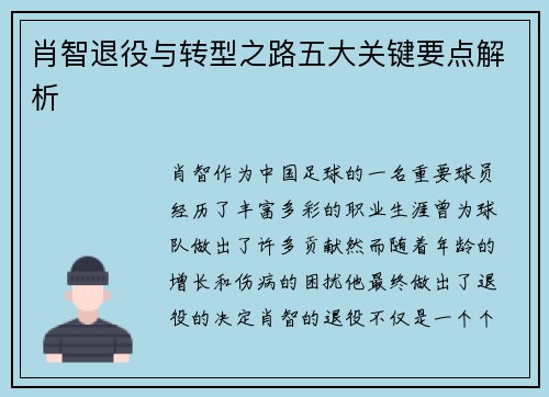 肖智退役与转型之路五大关键要点解析